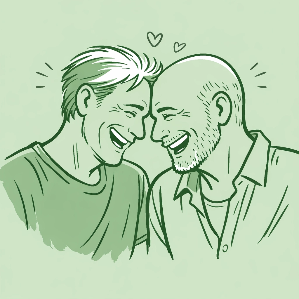 A joyful older gay couple embracing, illustrating the freedom of coming out later in life.