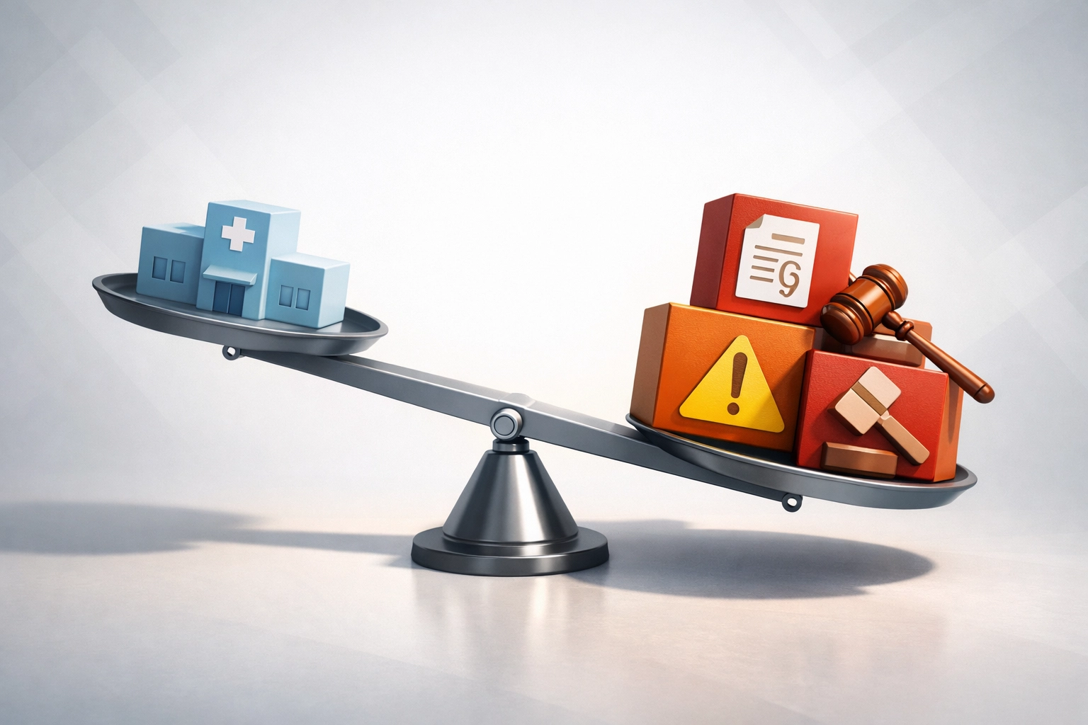 Treatment facility legal risks illustrated by unbalanced scale with penalties and compliance issues