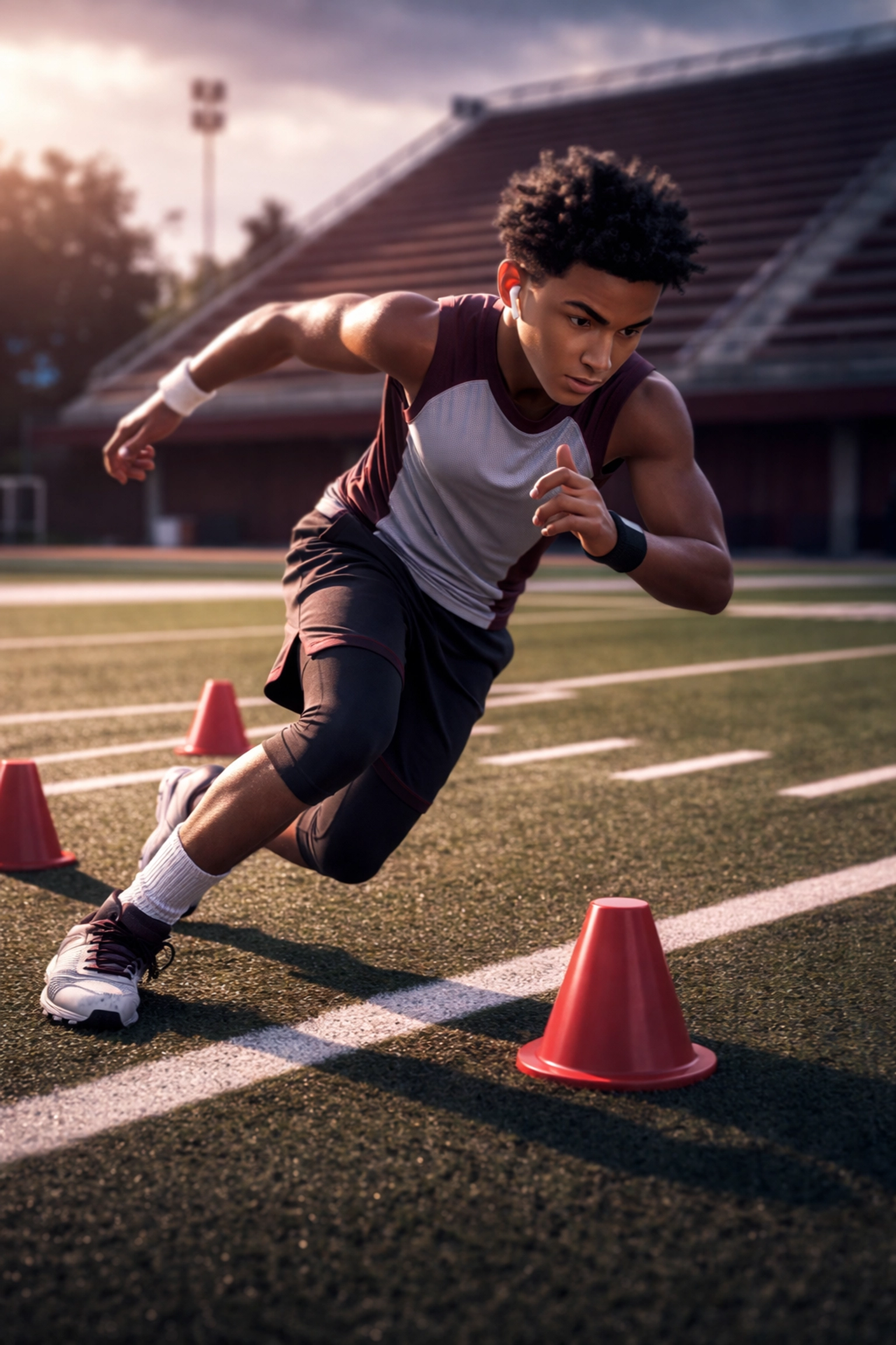 Young athlete trains in maroon and white, performing agility drills to develop football skills and athleticism.