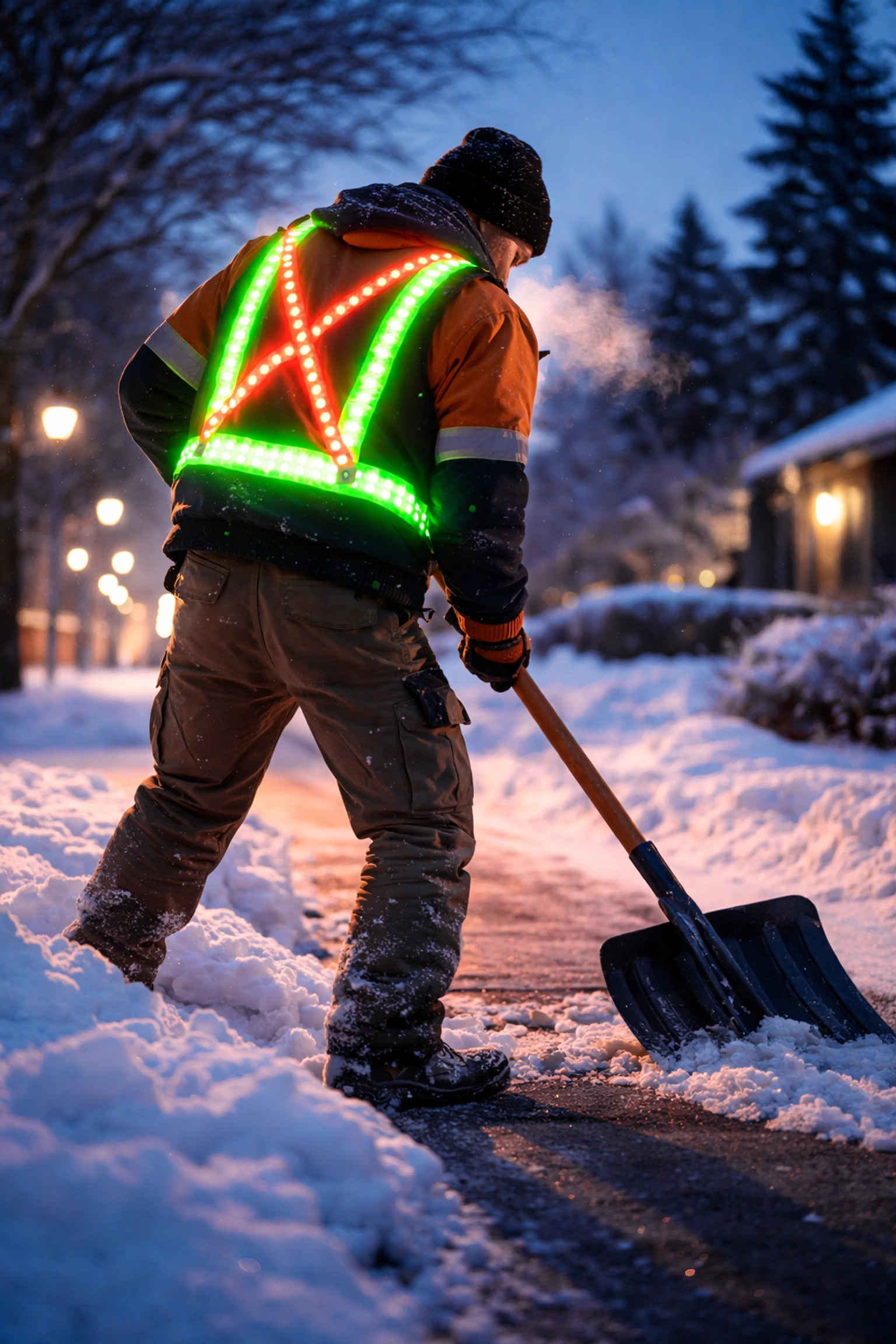 Contractor wearing illuminated LED safety vest clearly visible while working in snowy early morning conditions