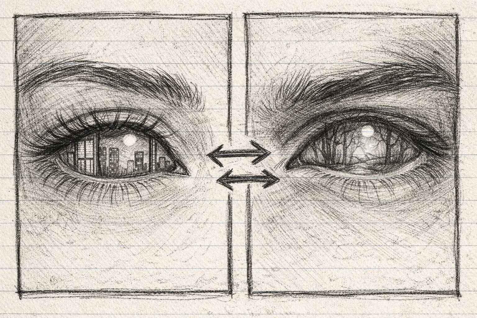 Two-panel sketch showing split perspectives: a woman's eye reflecting a city, a man's eye reflecting a forest