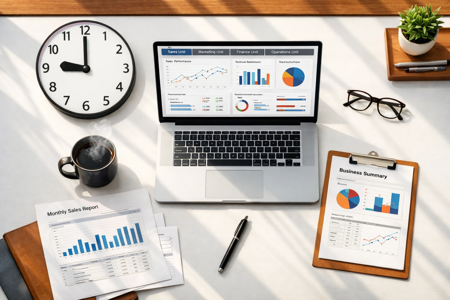 Executive desk at 9AM showing Dakdan's daily company rotation dashboard and organized business planning