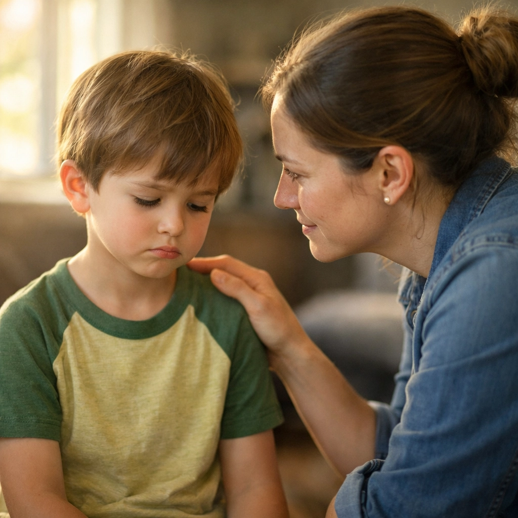 Parent comforting disappointed child with compassion, modeling unconditional love despite failure