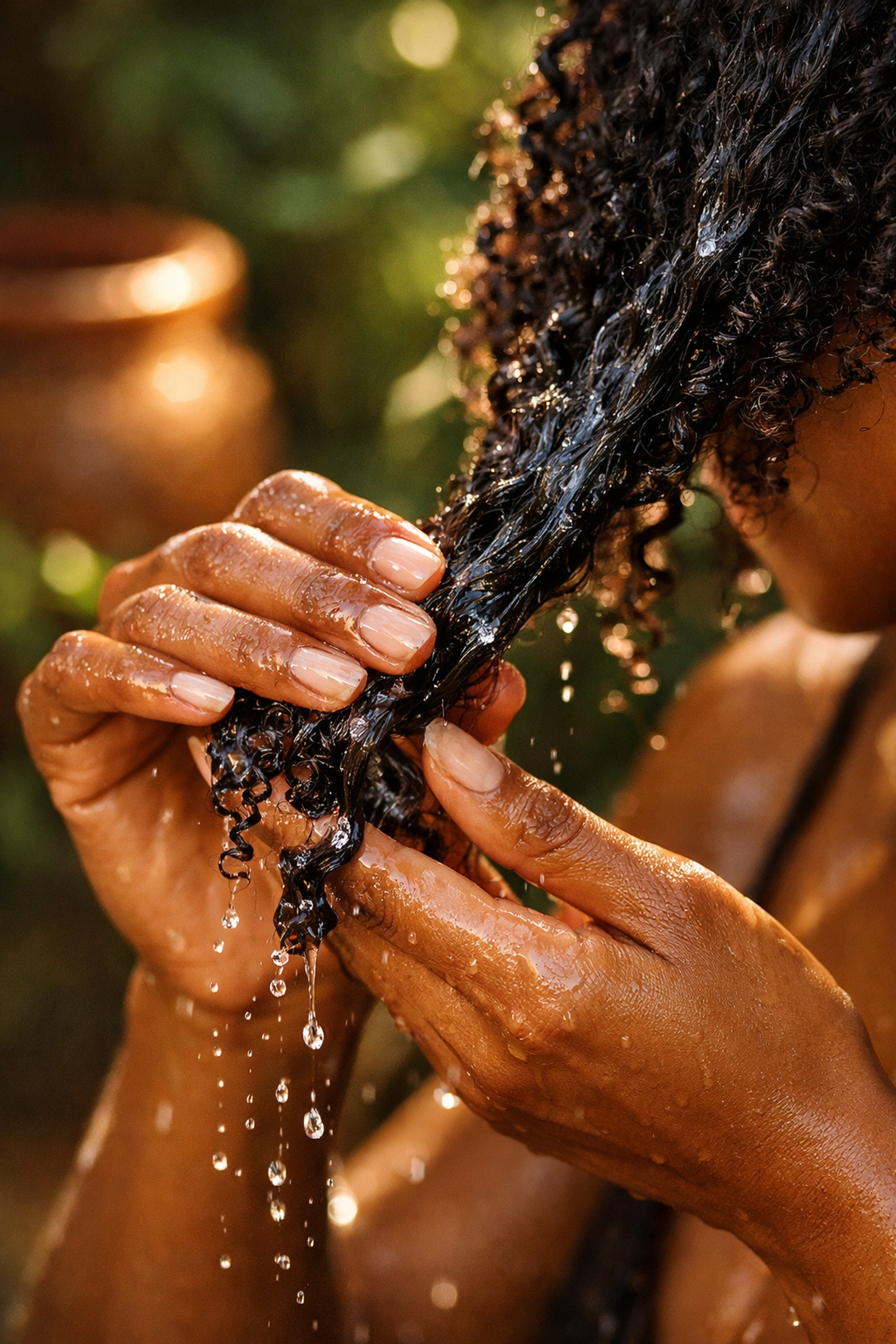 Applying water-based moisture to 4B curls, a Purely Lavinia ritual for healthy hair transformation.