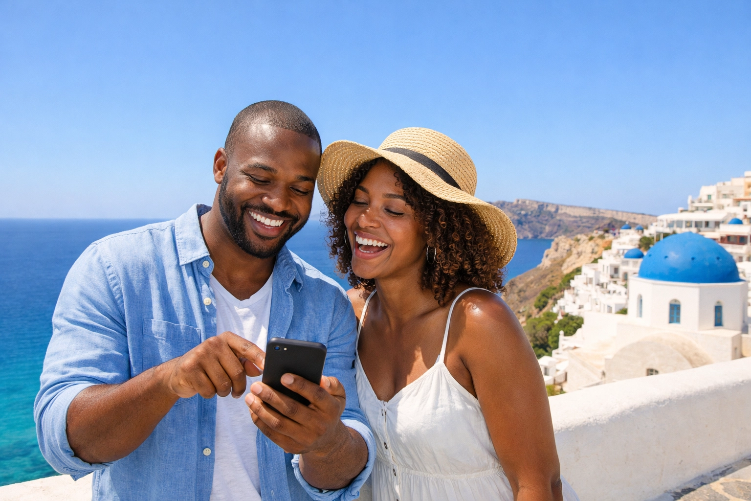A couple reviews their custom travel itinerary on a phone while overlooking the Mediterranean.