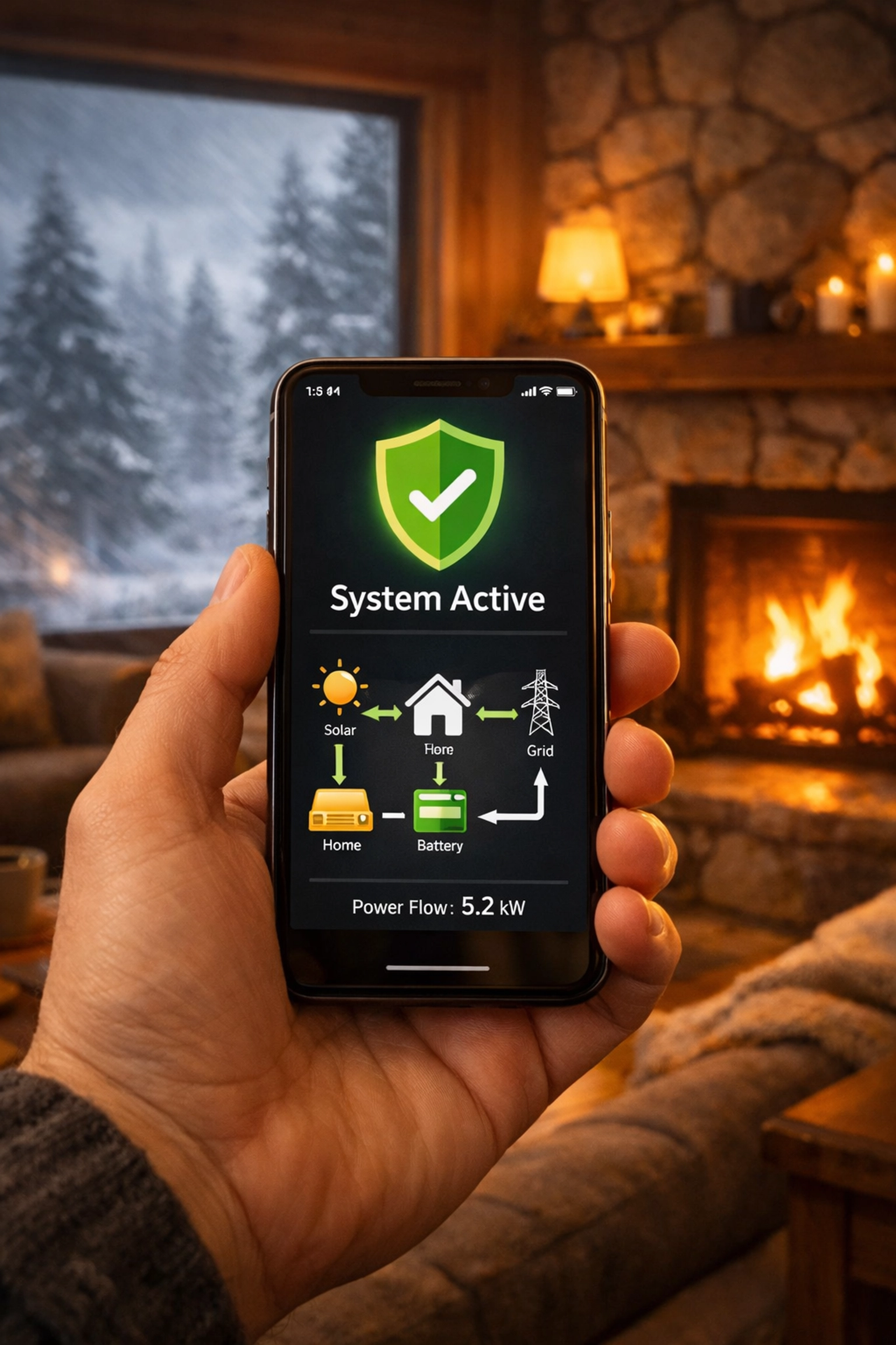 Ottawa homeowner using remote generator monitoring technology on a smartphone during a storm.
