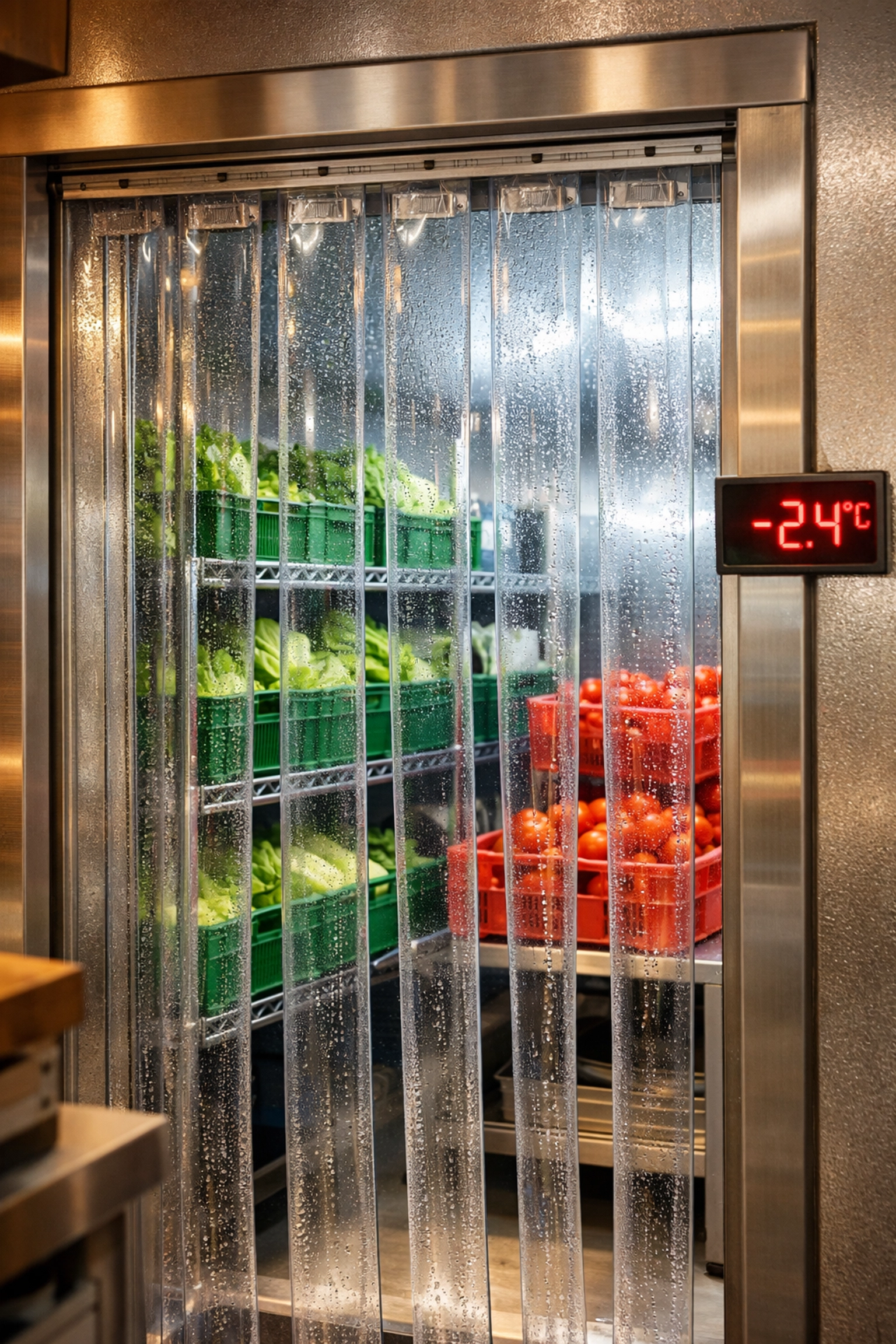 Food grade fridge curtains on a walk-in chiller door to maintain temperature and ingredient freshness.