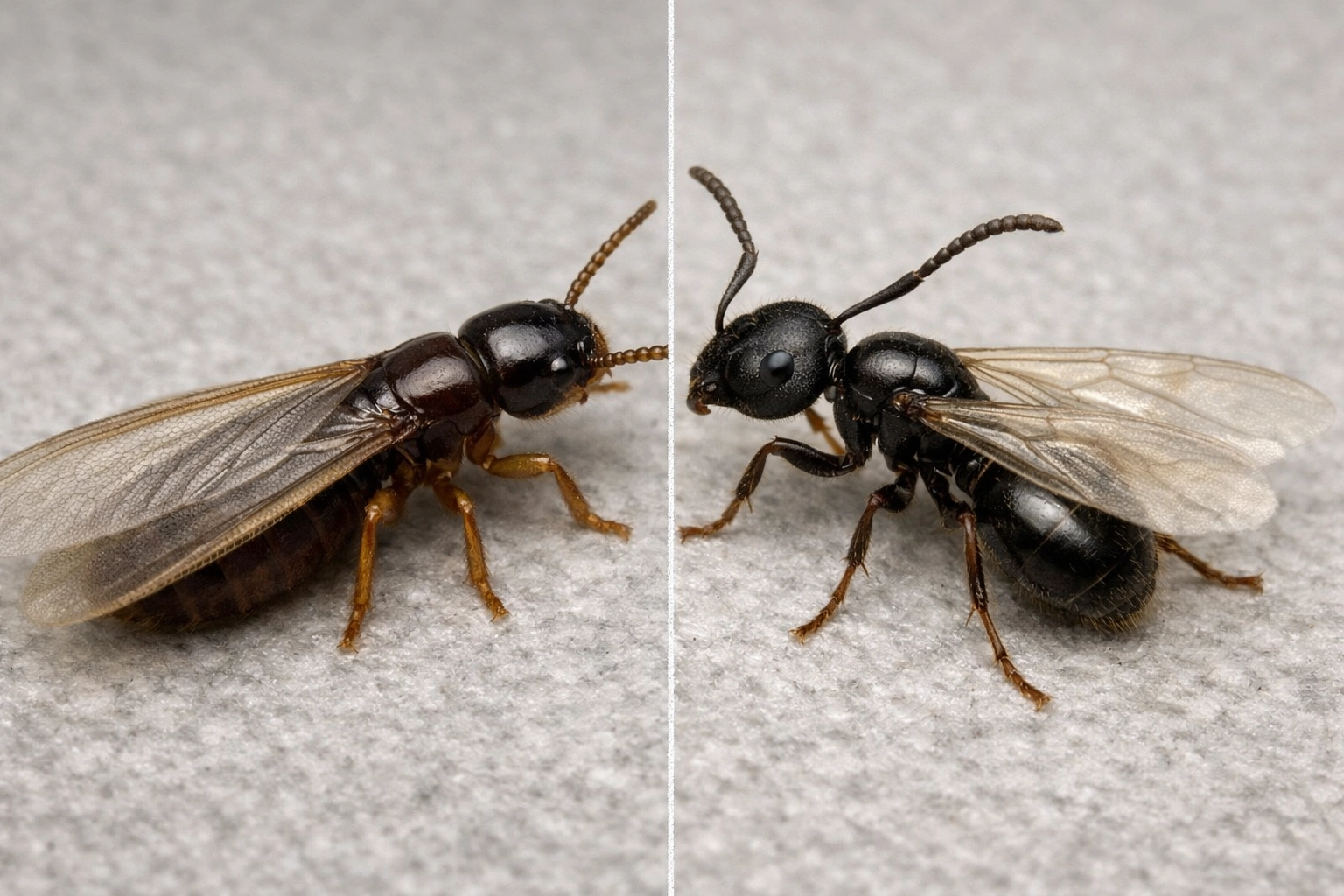 Detailed visual comparison between a termite swarmer and a flying ant for accurate pest identification.