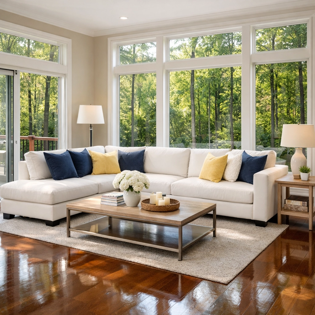 Impeccably clean living room in Ashby MA following a professional deep house cleaning service.