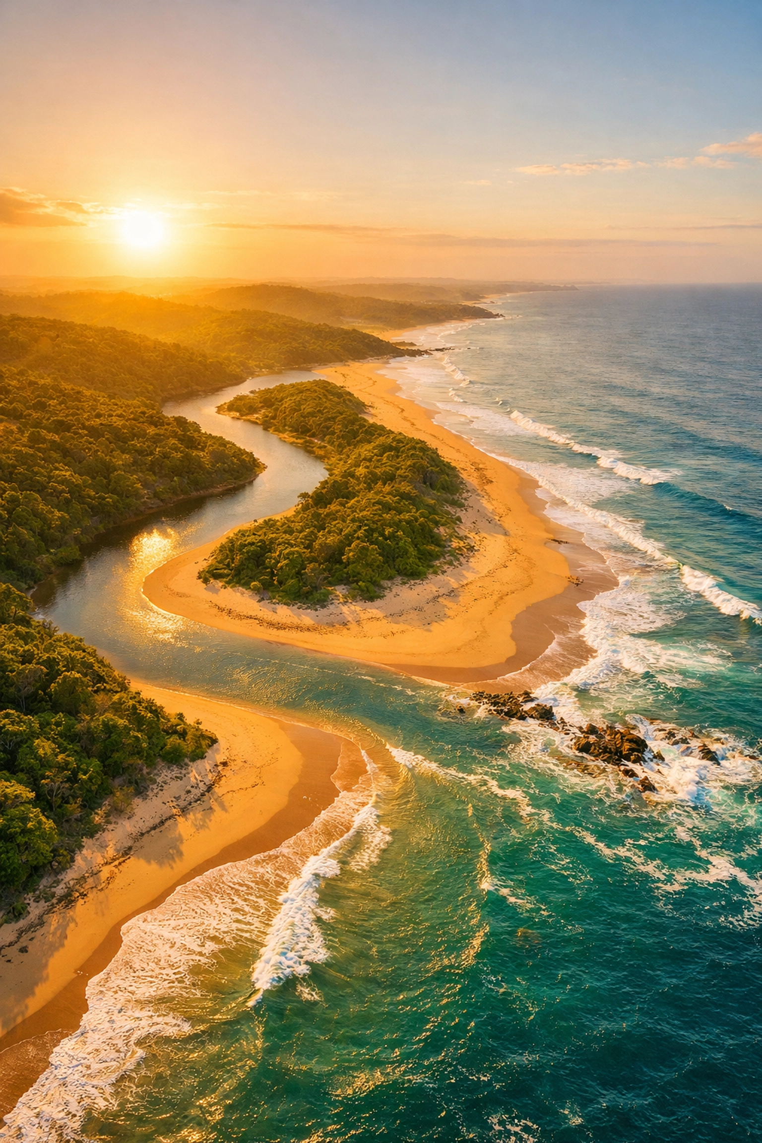 Aerial view of Mpenjati Nature Reserve South Africa showing river lagoon meeting ocean and coastal forests