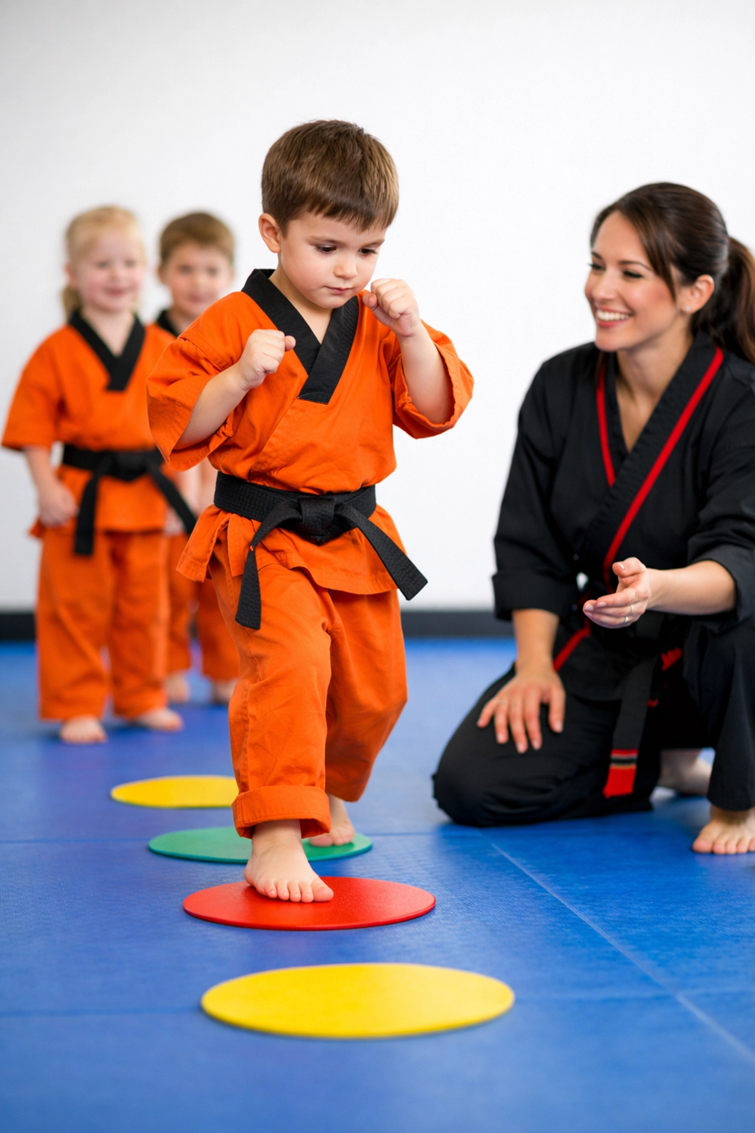 Young children in orange uniforms practicing balance and coordination in a Tiny Tigers martial arts session.