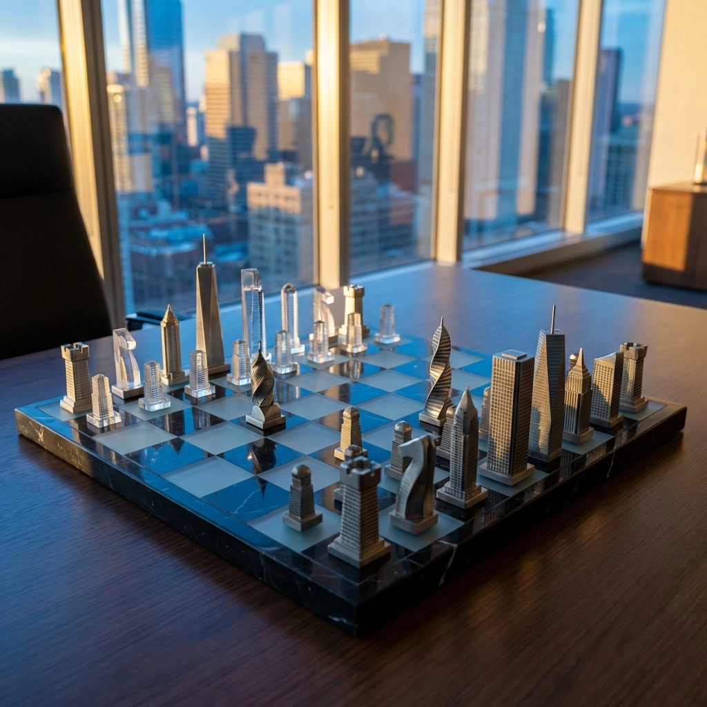 Chess board with skyscraper pieces symbolizing hedge fund strategic thinking and decision-making
