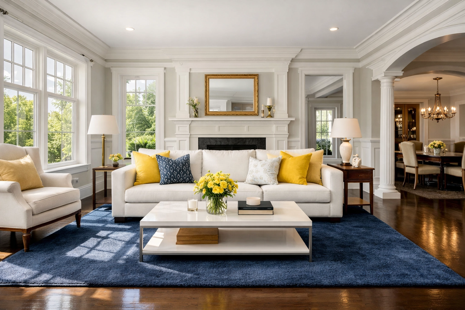 Spotless Medfield living room showing professional house cleaning results on hardwood floors and molding.