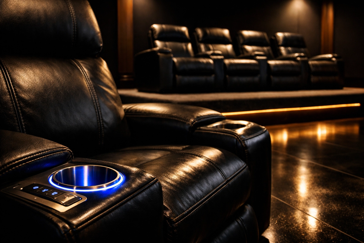 Premium motorized leather theater recliners with integrated controls for ultimate comfort.