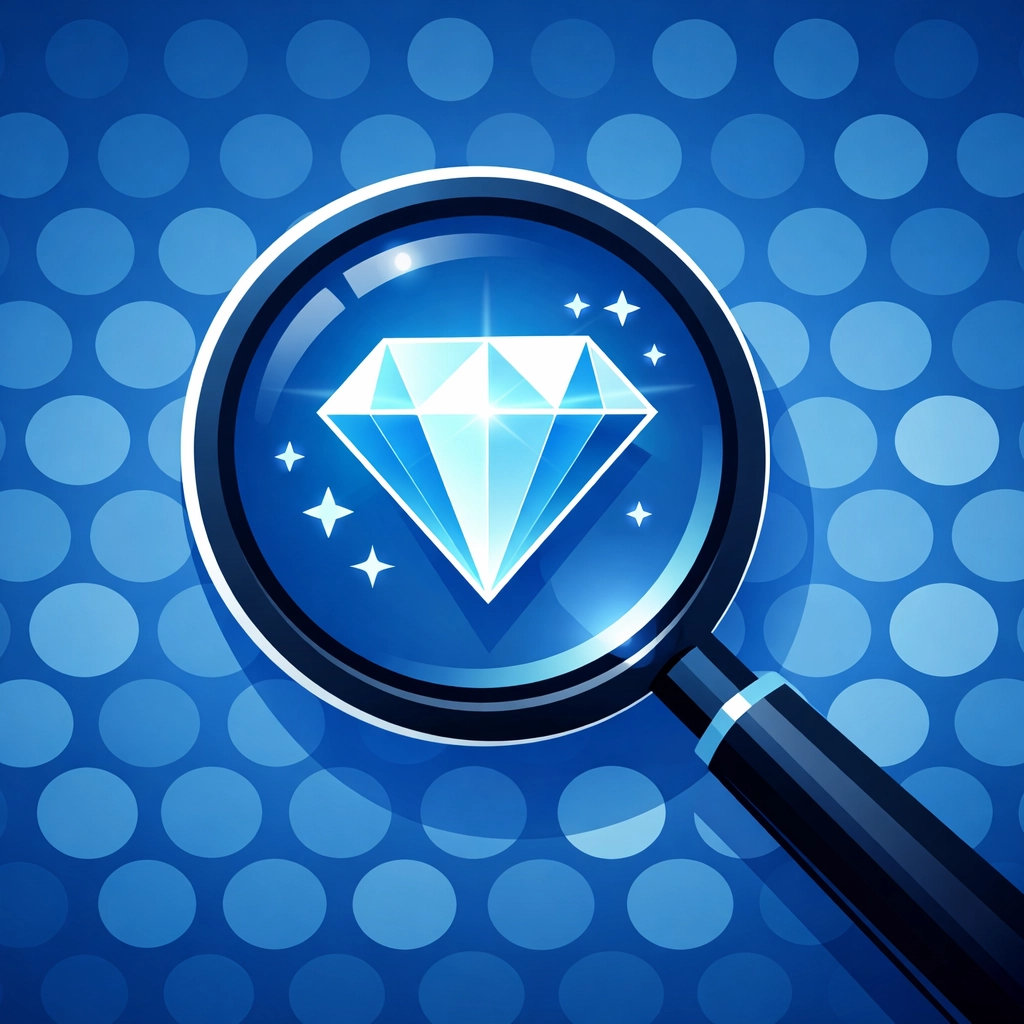 Modern illustration of a magnifying glass highlighting a diamond to show high-value search intent and keywords.