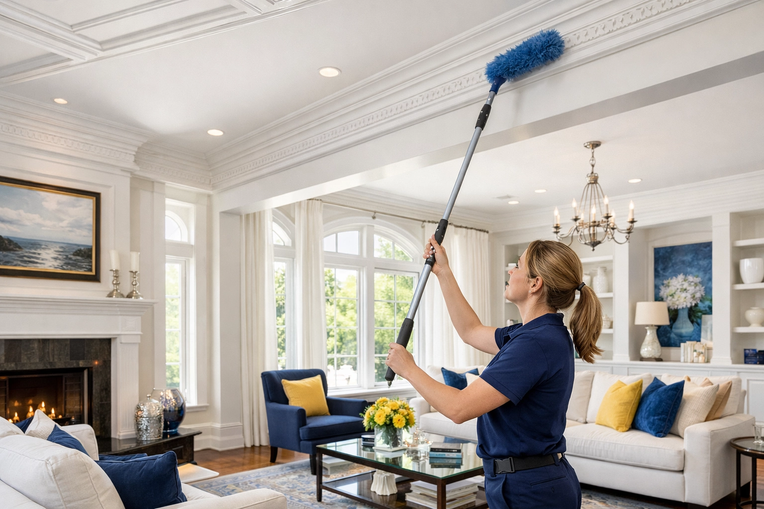 Professional cleaner performing high-reach dusting during a Franklin house cleaning session in a luxury home.