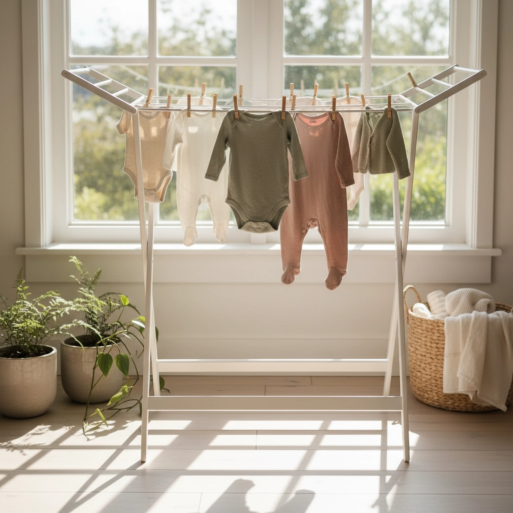 Baby clothes hang on a drying rack by a sunny window, with neutral tones. A basket and potted plants add to the cozy, serene setting.