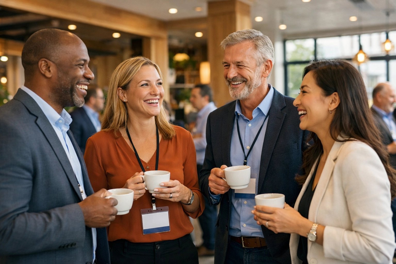 Business professionals networking and sharing IT supplier recommendations