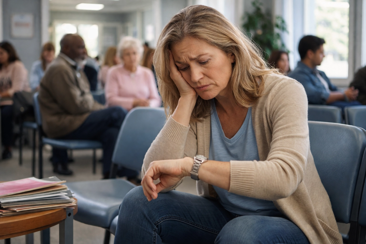 Woman waiting in a crowded doctor's office, representing traditional primary care delays and patient frustration
