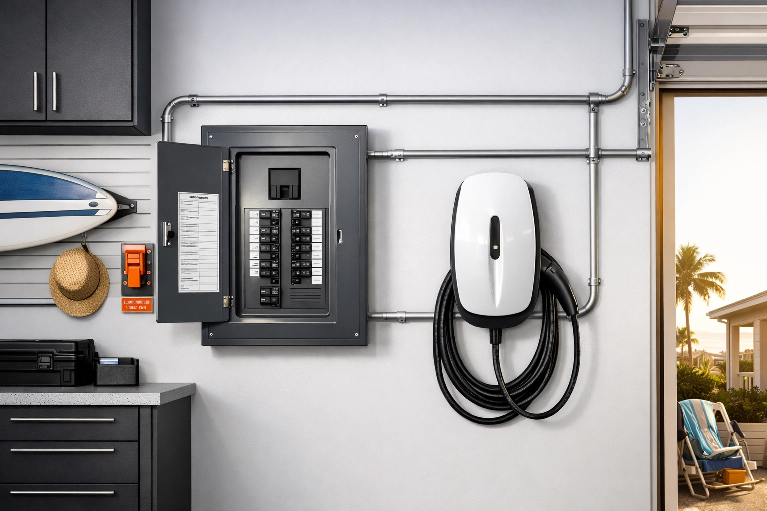 Modern home electrical panel replacement and EV charger installation in a clean Florida garage.