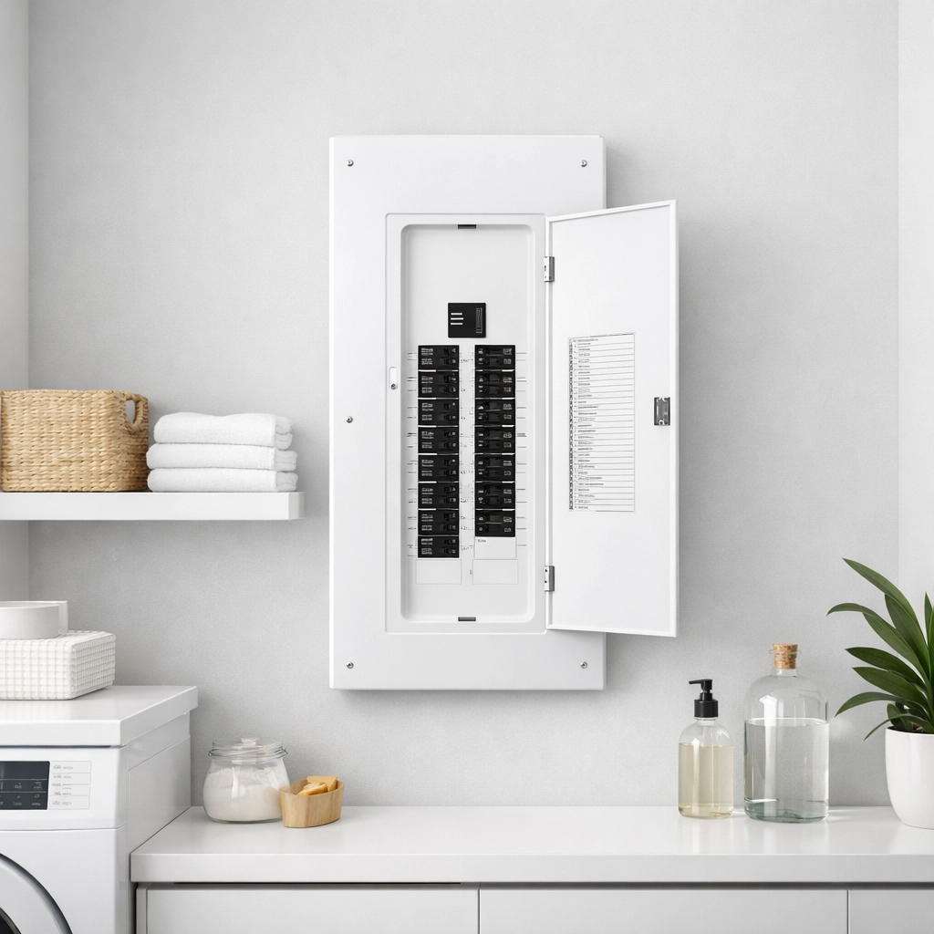 Newly installed electrical panel in a bright modern home in Rockland Maine.