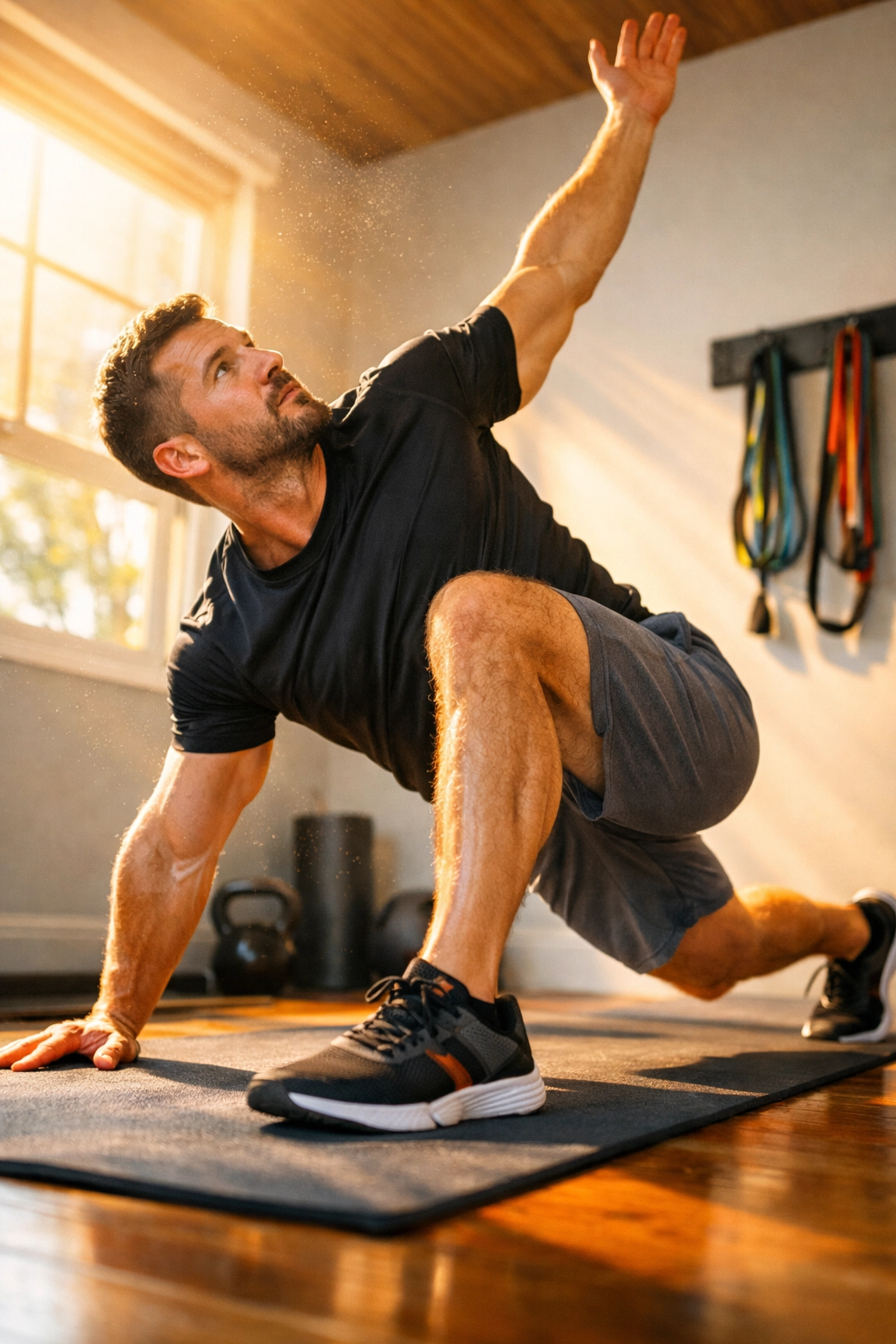 Athlete performing spider lunge dynamic warm-up in home gym before resistance training