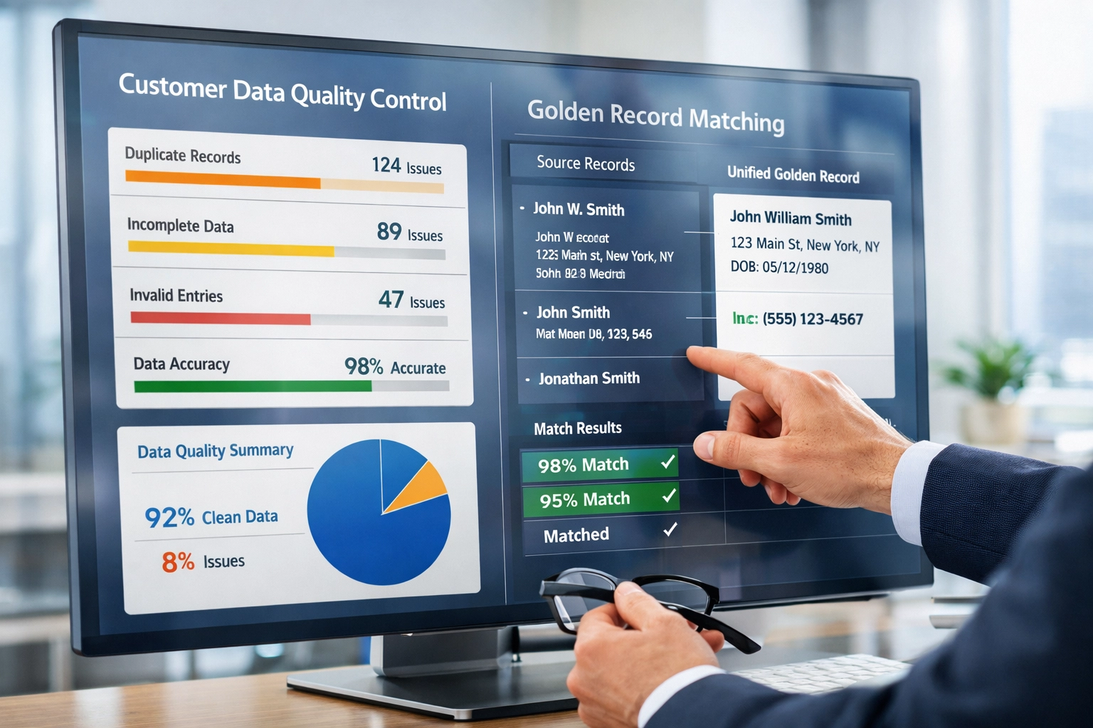Banking professional managing customer data quality controls in ServiceNow platform