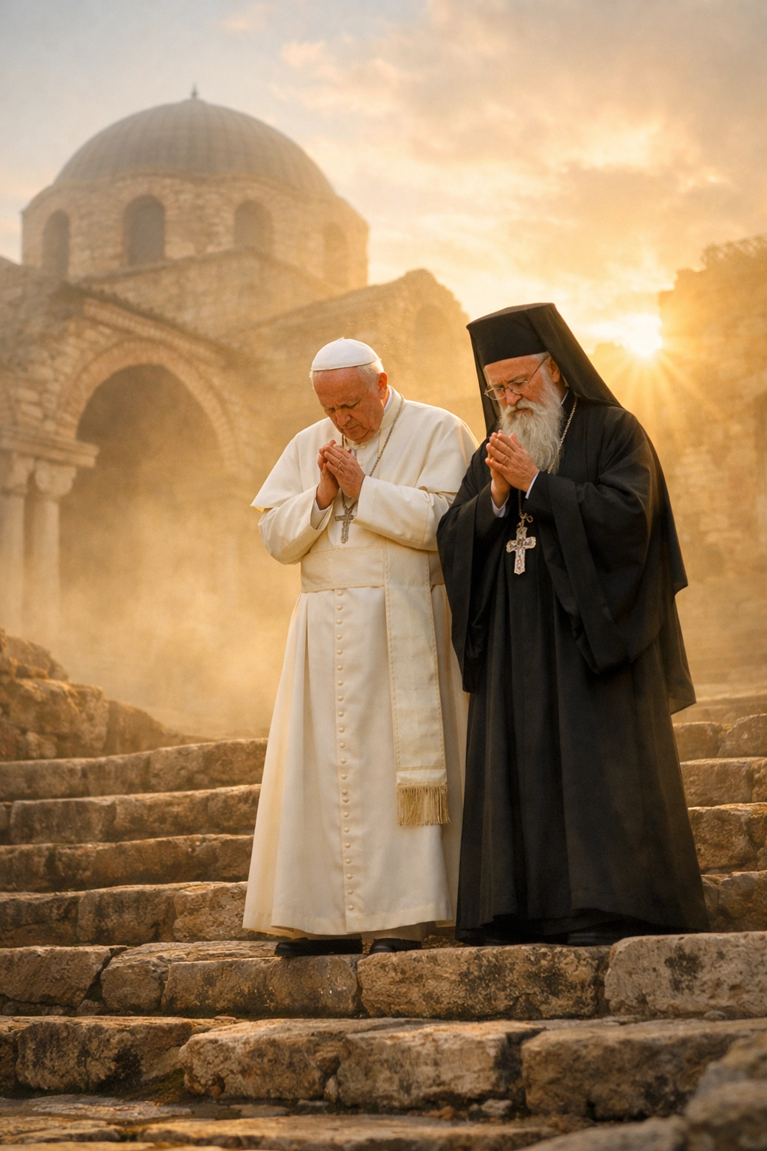 Catholic and Orthodox leaders praying together in Nicaea, symbolizing Christian unity and reconciliation