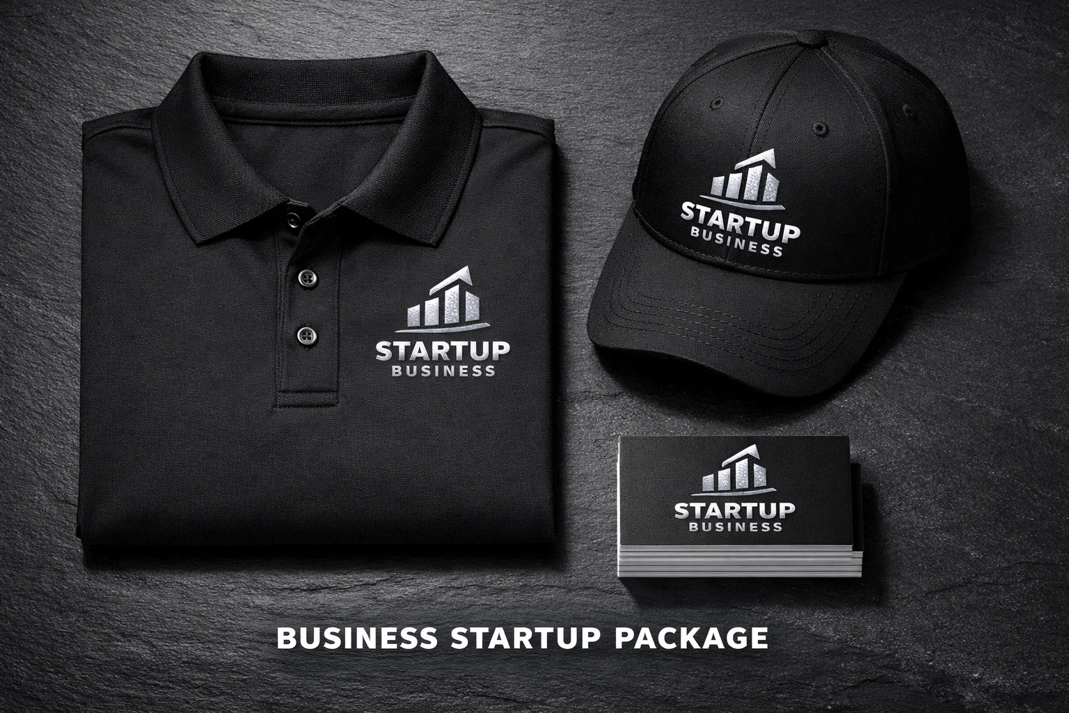 Complete business branding package including custom embroidered shirts, hats, and business cards.