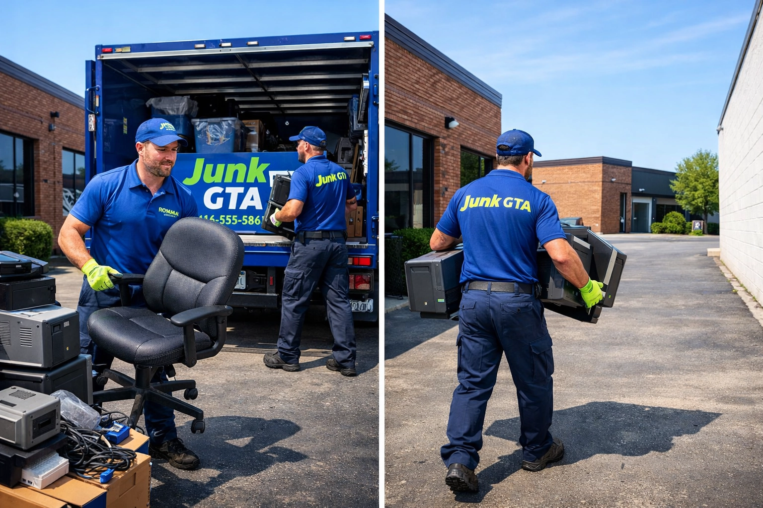 Junk GTA team efficiently removing old electronics and office furniture from a Bradford business property.