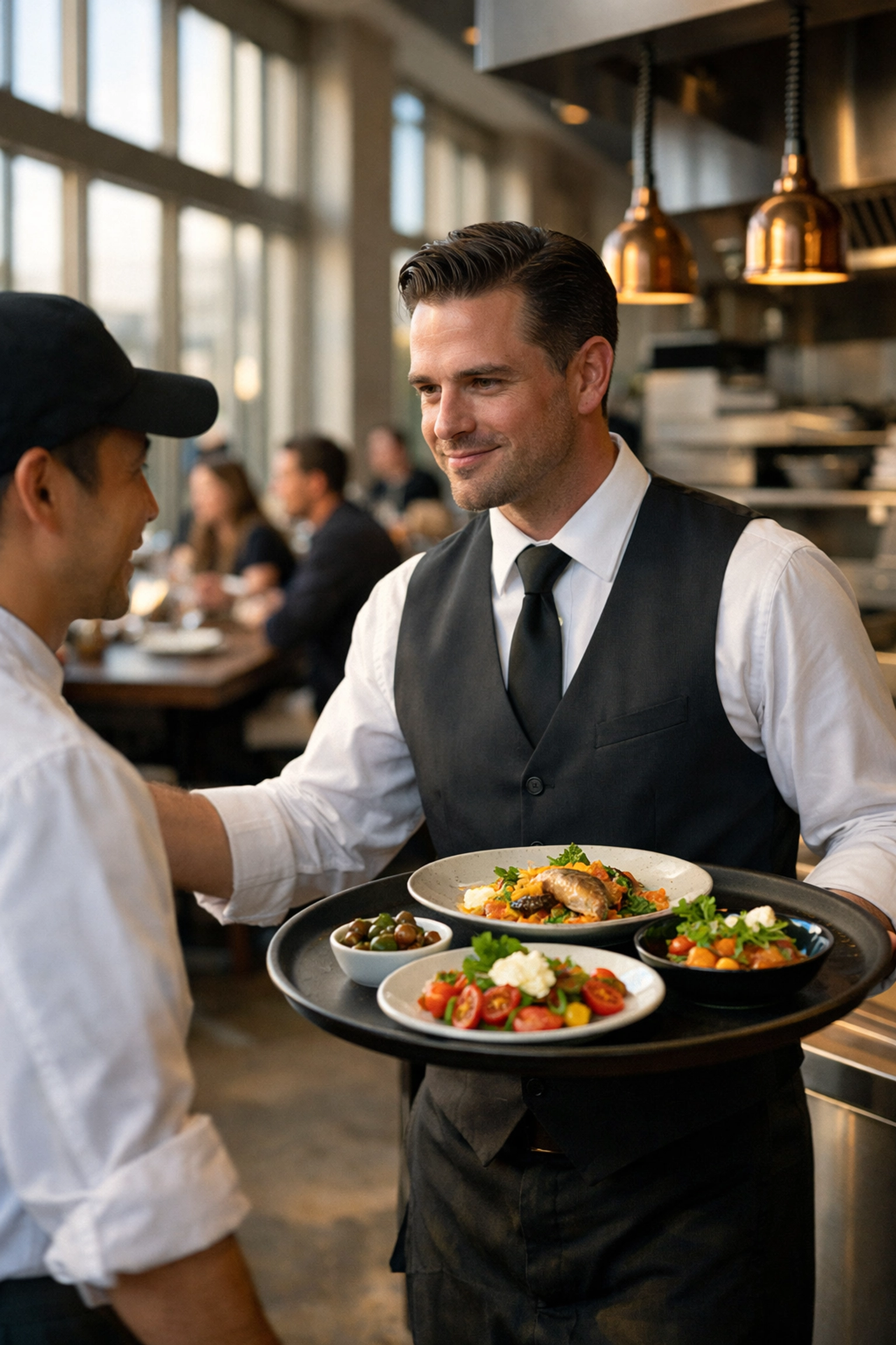 Skilled San Francisco server managing service in a busy bistro to optimize restaurant labor cost and efficiency.