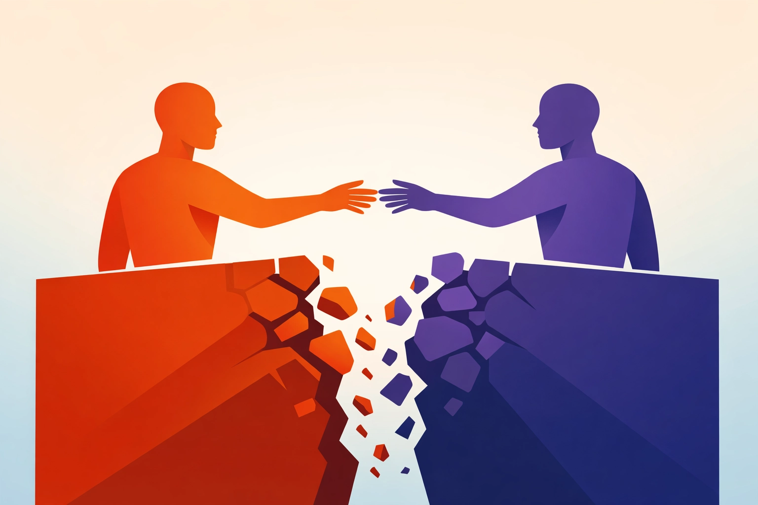 Two figures reaching across broken barrier illustrating reconciliation and overcoming prejudice