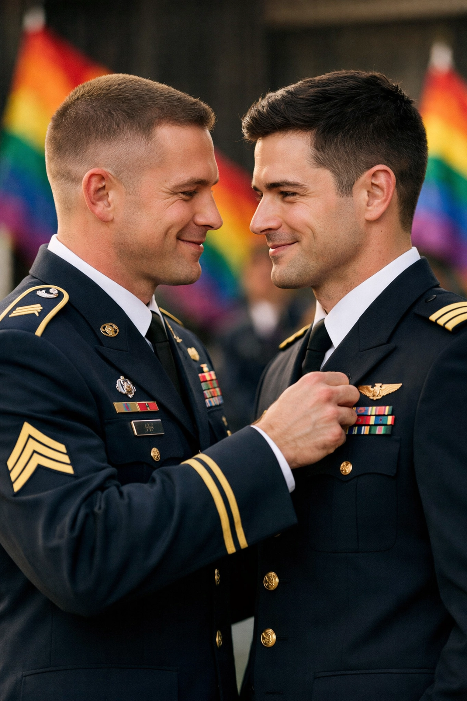 Gay soldiers in dress uniforms at pride military ceremony representing modern LGBTQ+ service