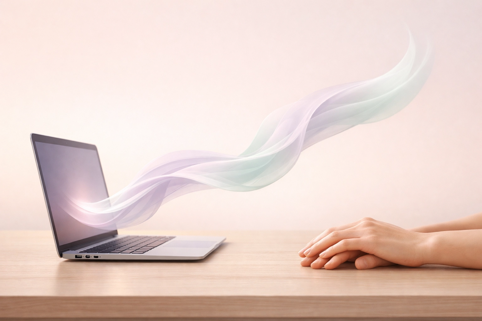 Minimalist laptop with soft light flowing toward hands, representing deep listening in hybrid leadership.