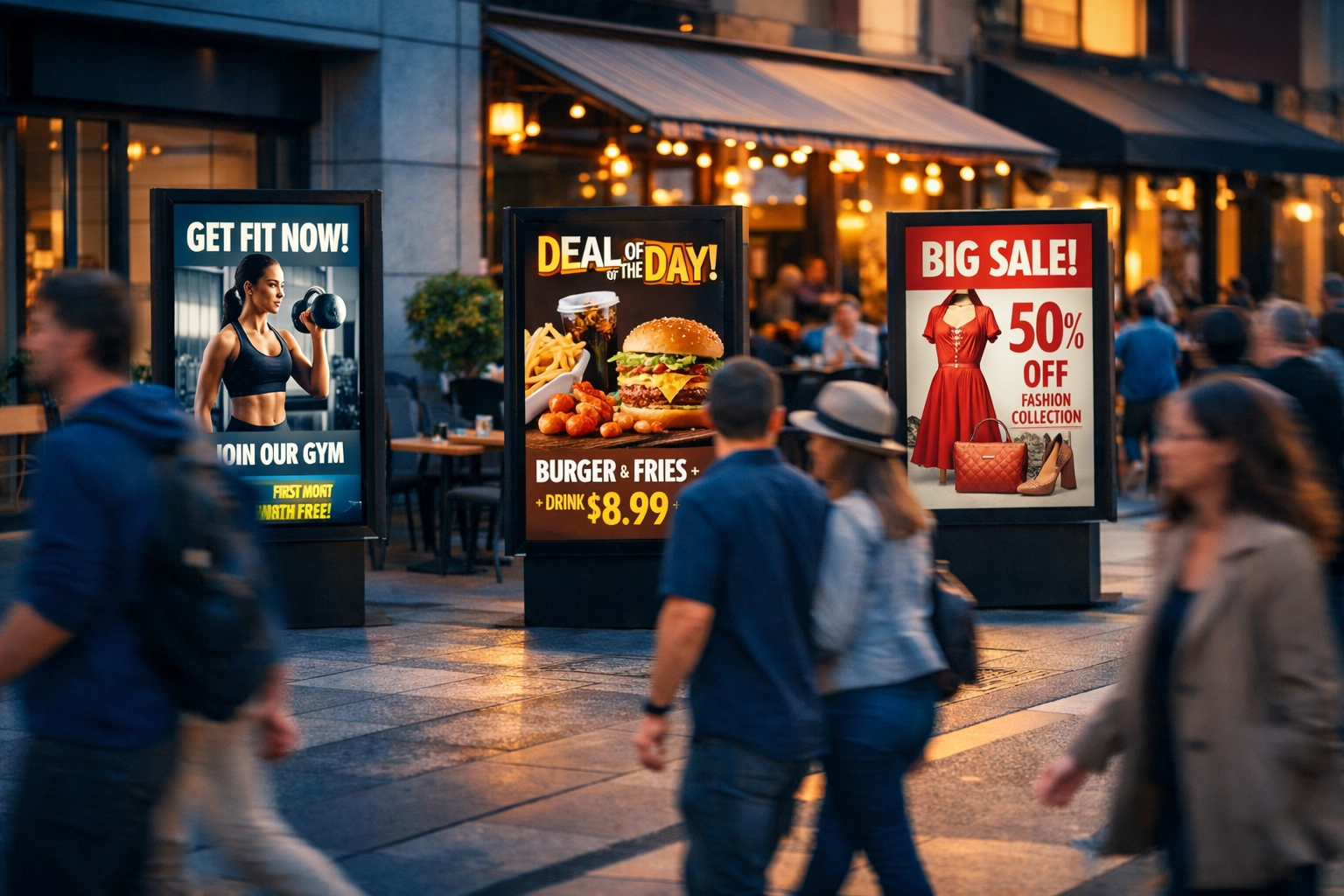 Targeted digital signage advertising showing different ads near gyms, cafes, and retail stores