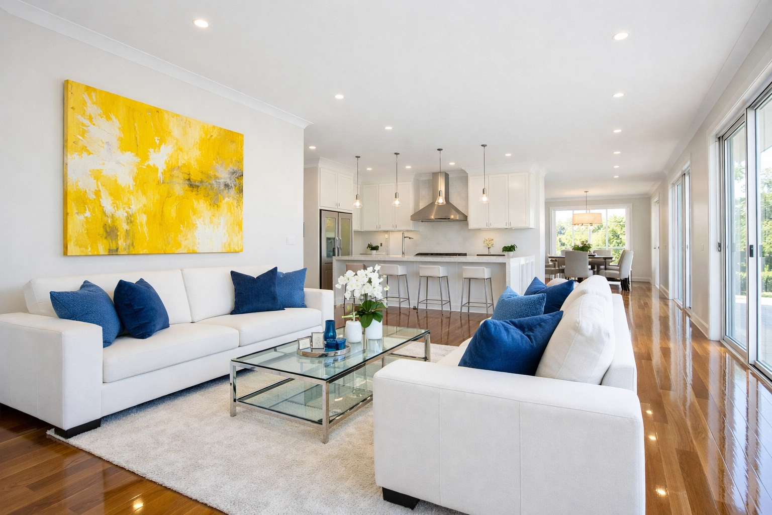 A sun-drenched Carlisle living room with sparkling floors following expert post construction cleaning.