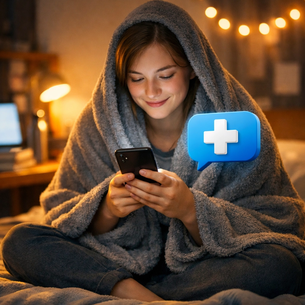 A student using text-based telehealth for quick medical advice from their dormitory bed during finals week.
