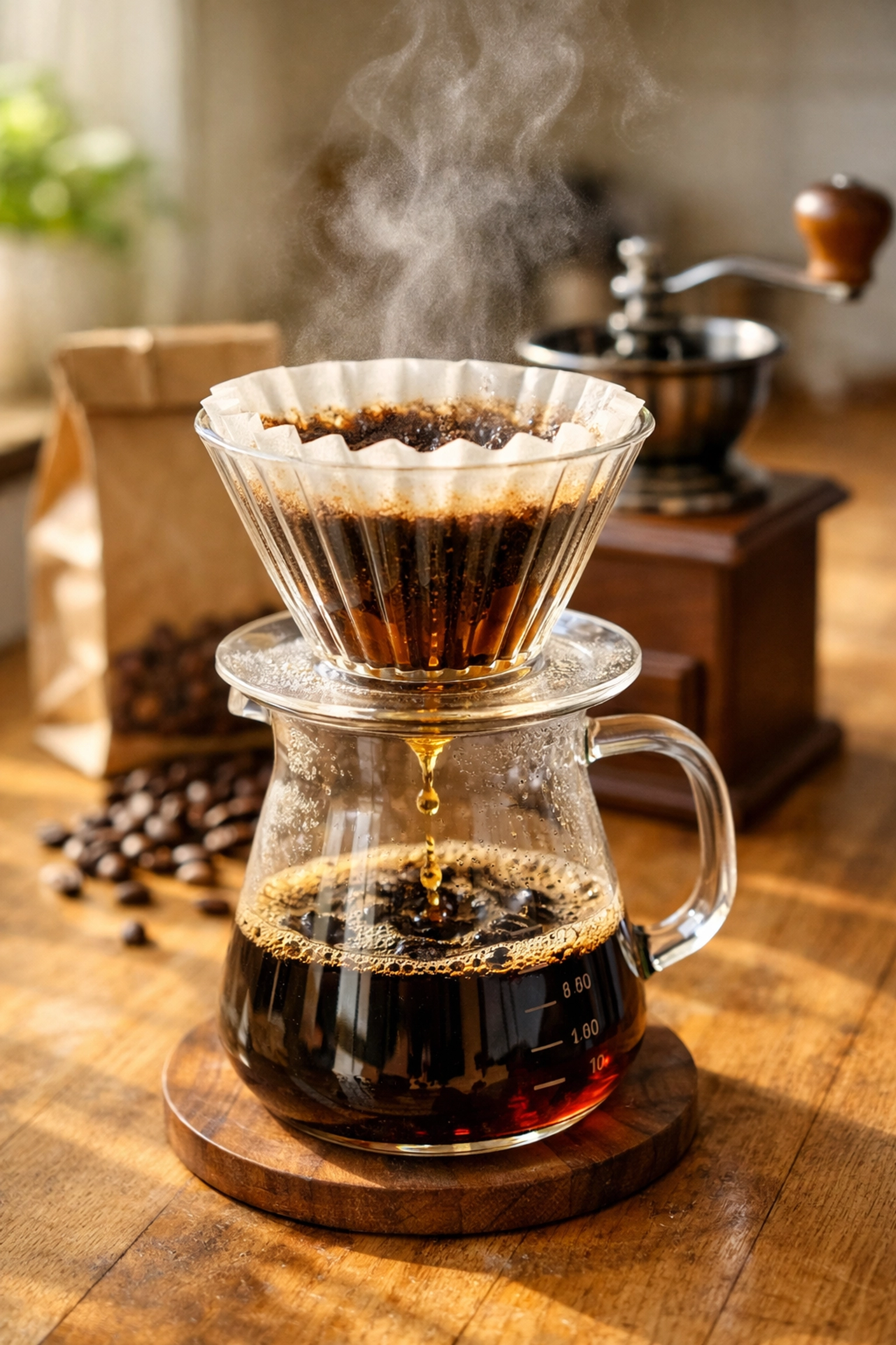 Pour-over coffee brewing setup with glass dripper and manual grinder for single origin
