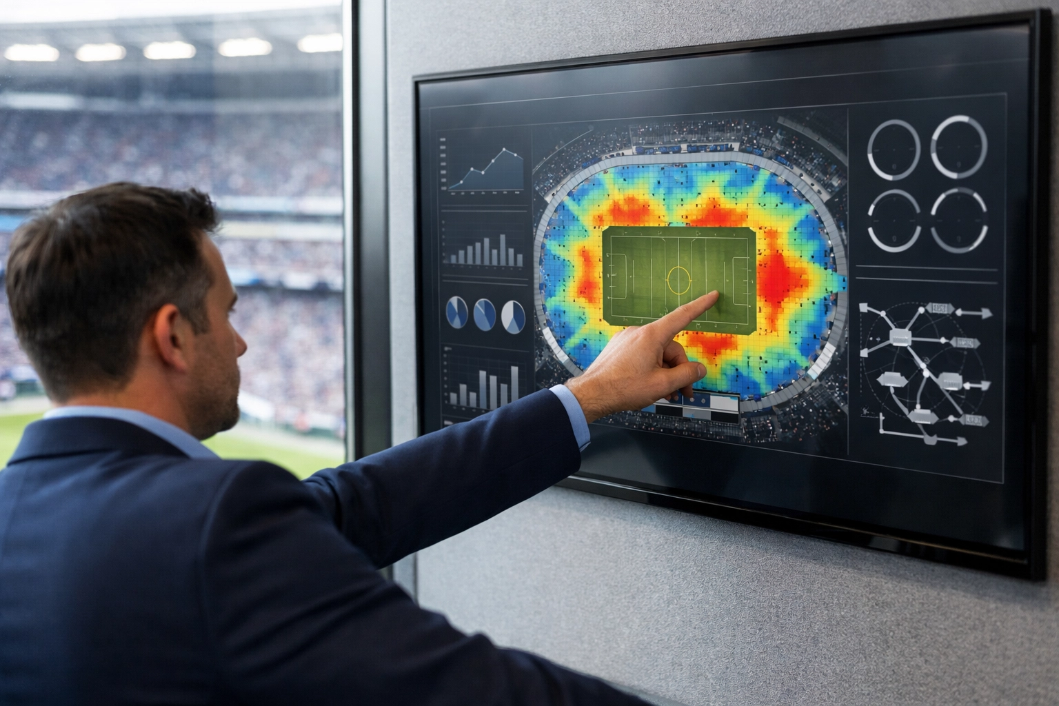 Dakdan Worldwide strategist analyzing fan data visualization to maximize sports venue sponsorship revenue and engagement.