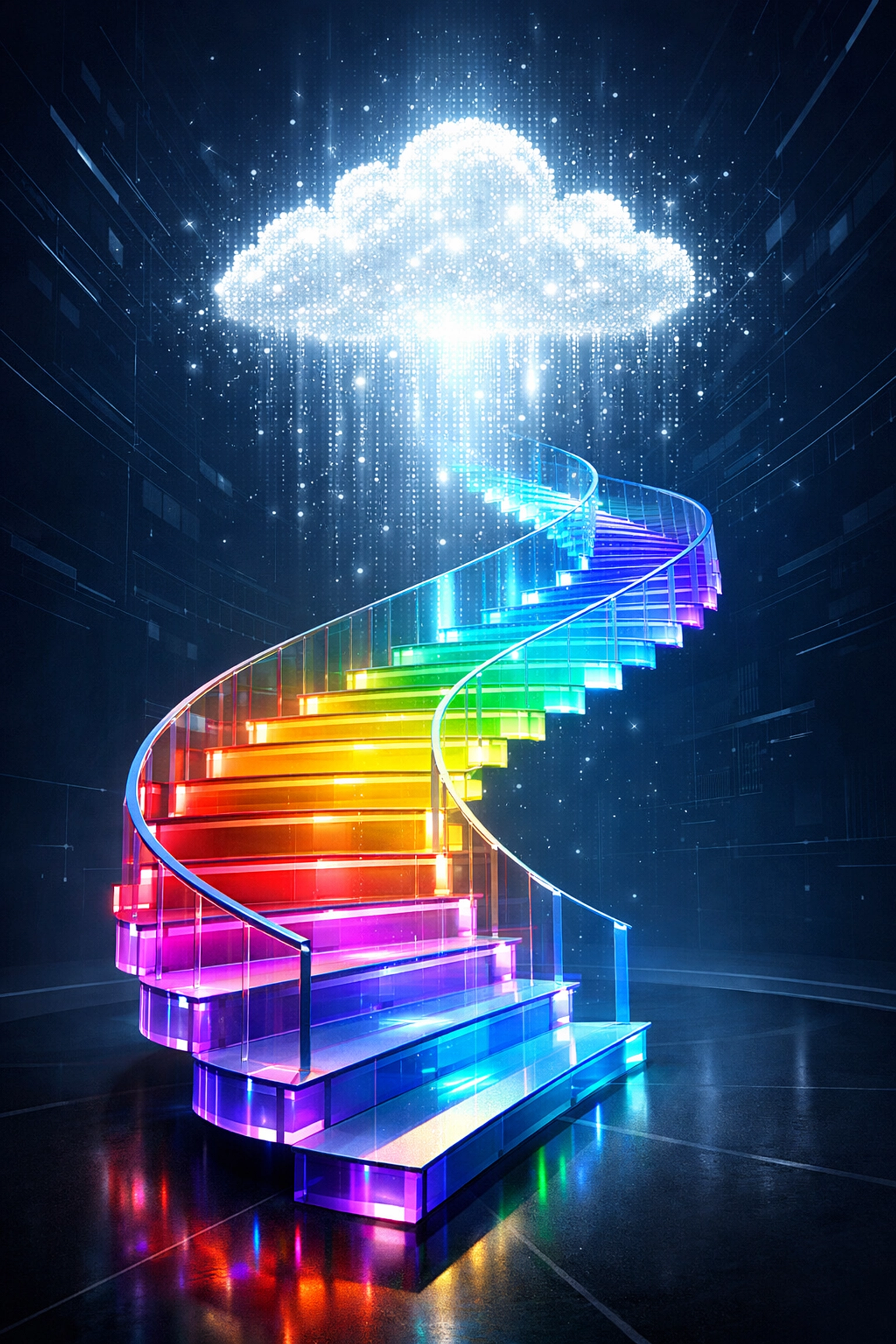 Bunte Treppe als Symbol für den einfachen Karriere-Aufstieg durch ein KI-Training für Quereinsteiger.