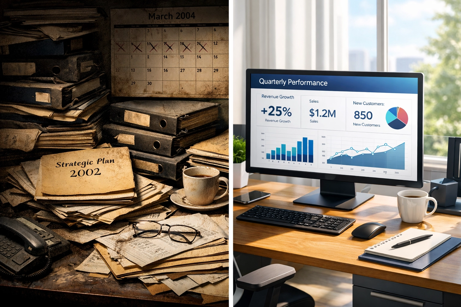Traditional planning desk clutter versus modern OKR dashboard for scaling businesses