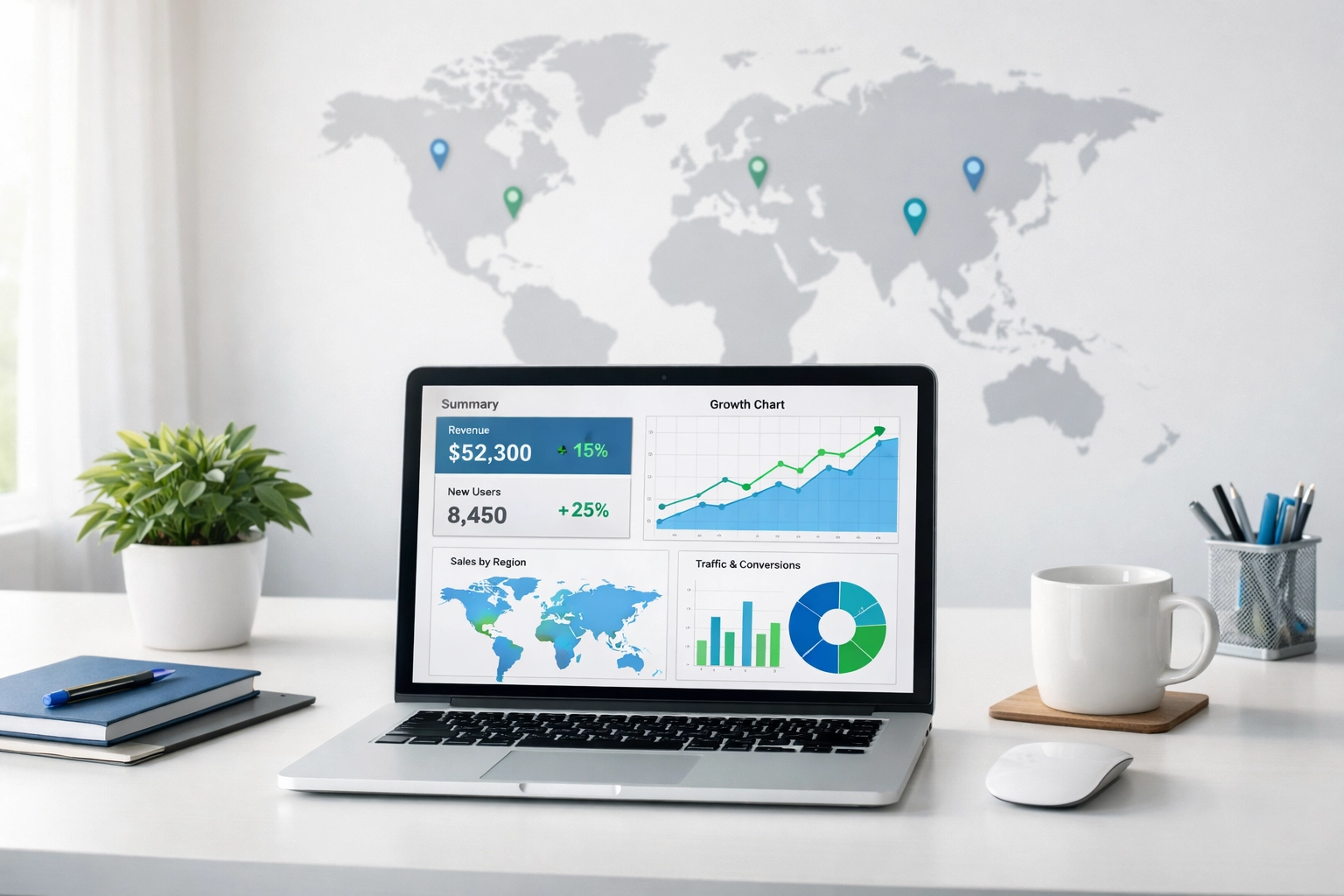 Laptop displaying franchise sales analytics and growth metrics on modern office desk