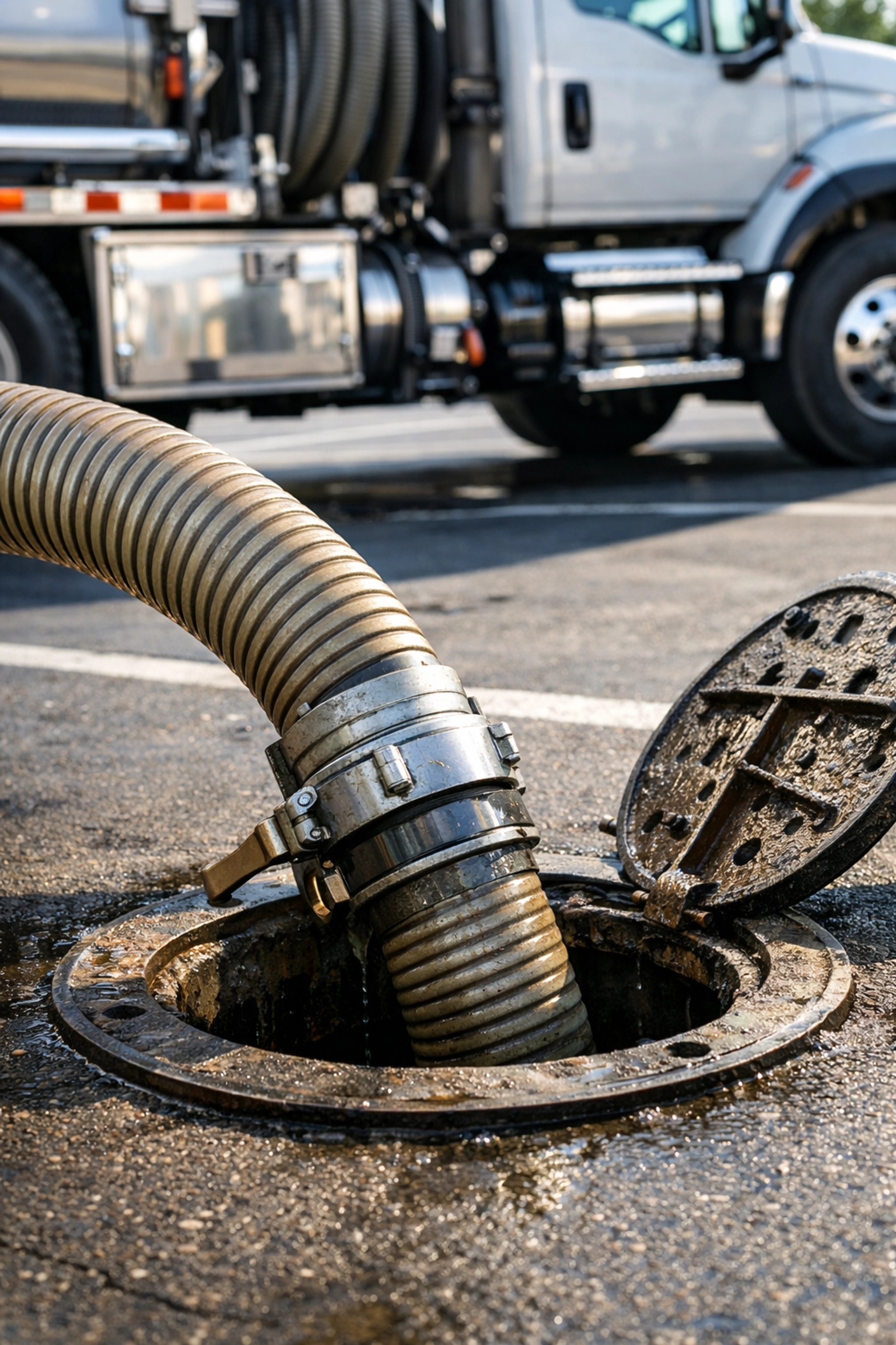 Routine grease interceptor pumping service with industrial vacuum hose and professional truck.