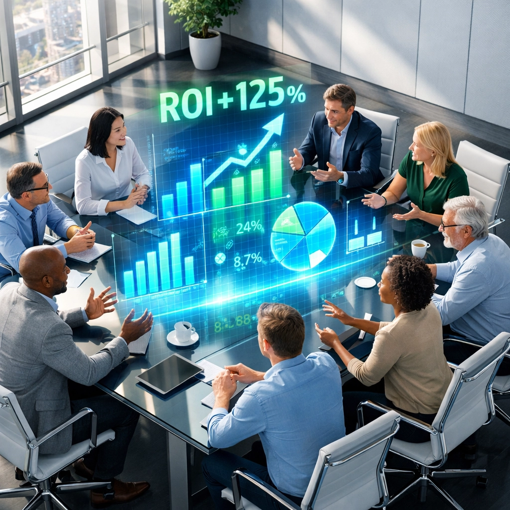 Business executives reviewing ServiceNow ROI metrics and ITOM investment projections in boardroom