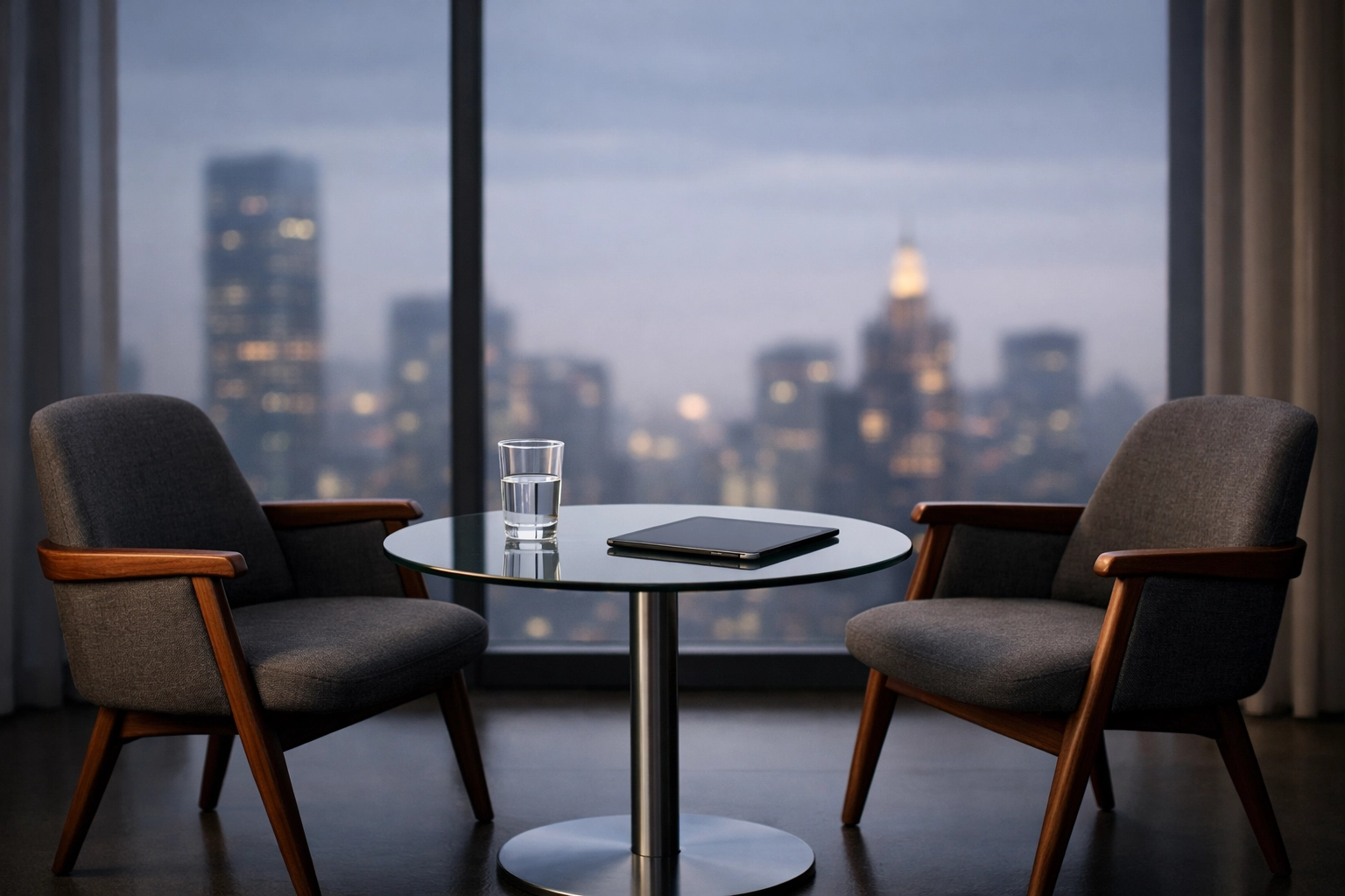 Minimalist professional meeting area for tax business owners discussing service bureau growth and high-level consulting.