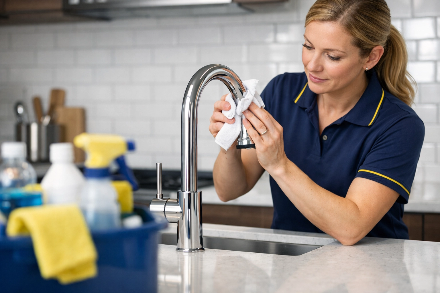 Professional maid services Worcester expert detailing a modern kitchen faucet and quartz countertop.