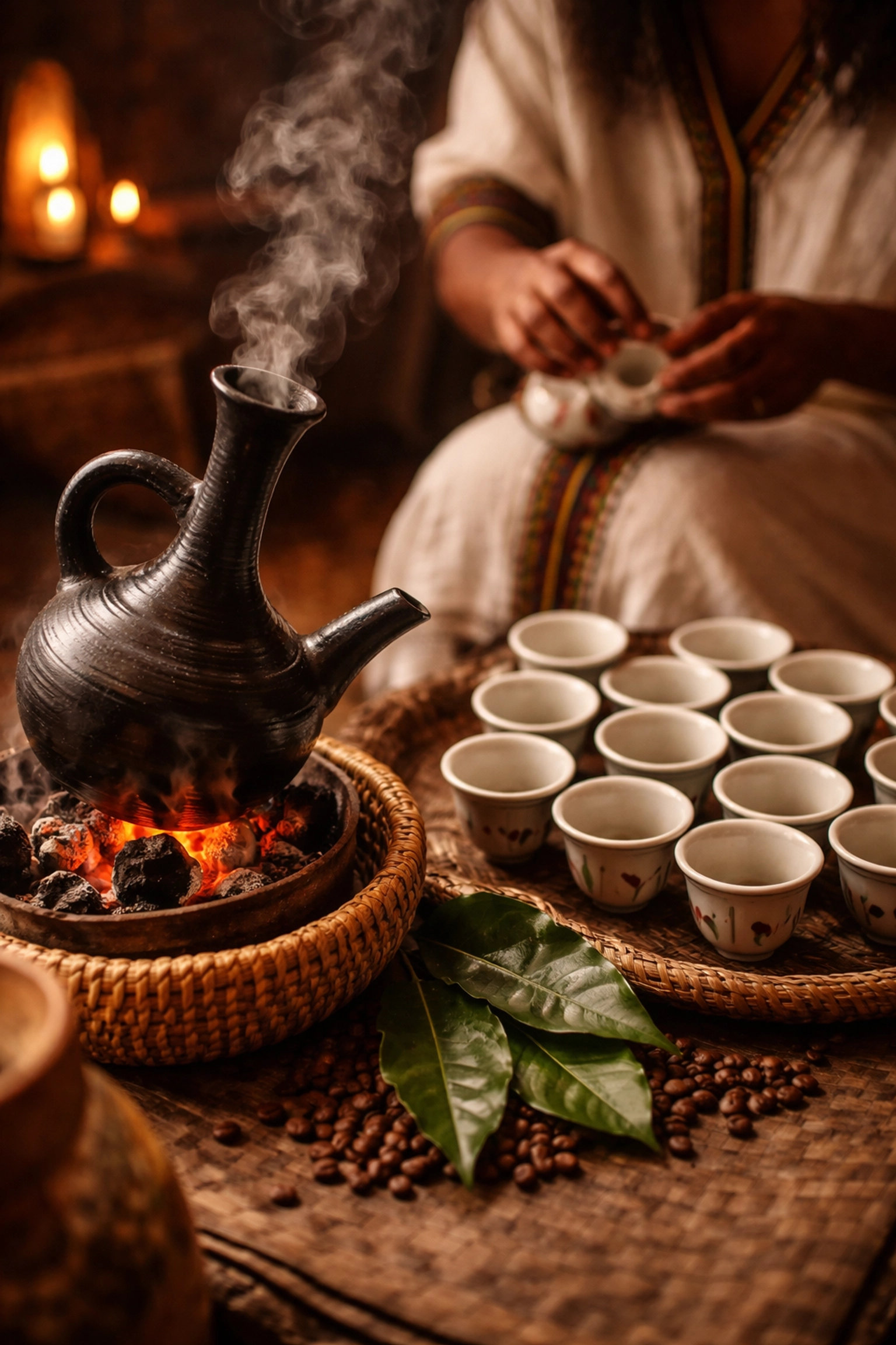 Traditional Ethiopian coffee ceremony with a clay jebena pot and cini cups, highlighting African coffee rituals.