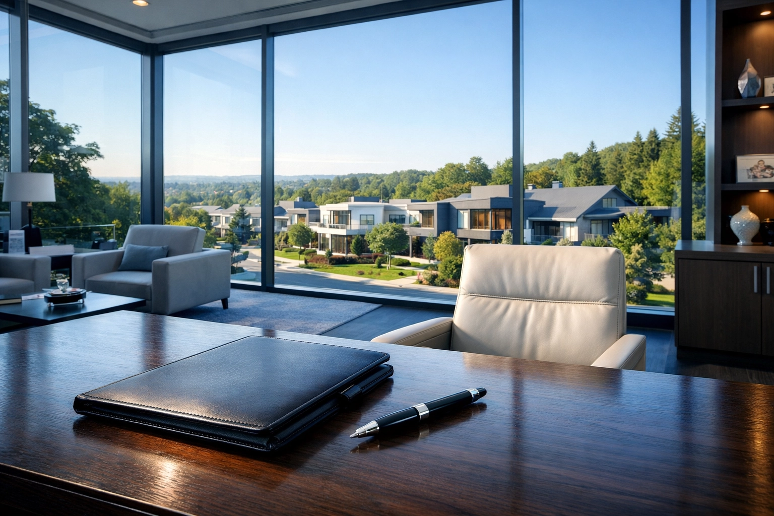 Professional business valuation advisory office in Raleigh overlooking a residential neighborhood.