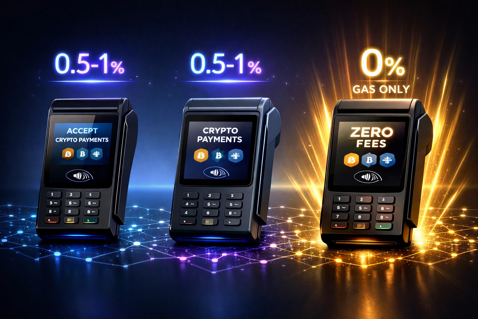 Crypto payment fee comparison showing NOWPayments, CoinPayments, and Larecoin gas-only pricing