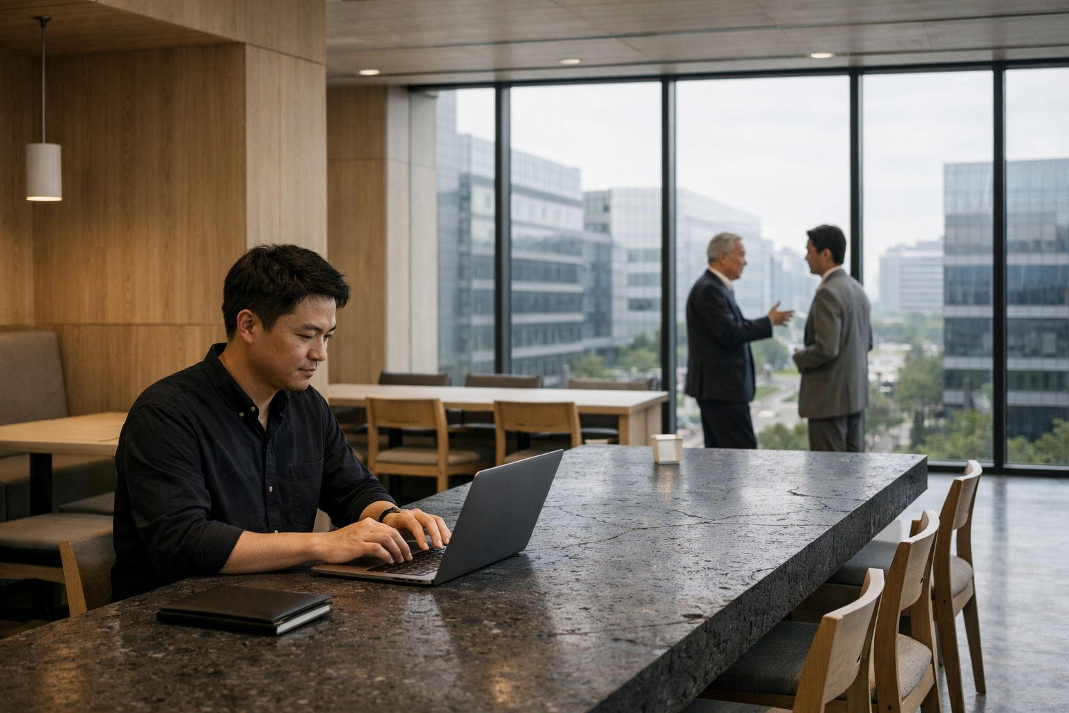 Modern business professionals working inside the Seoul Workation Center in Magok-dong.